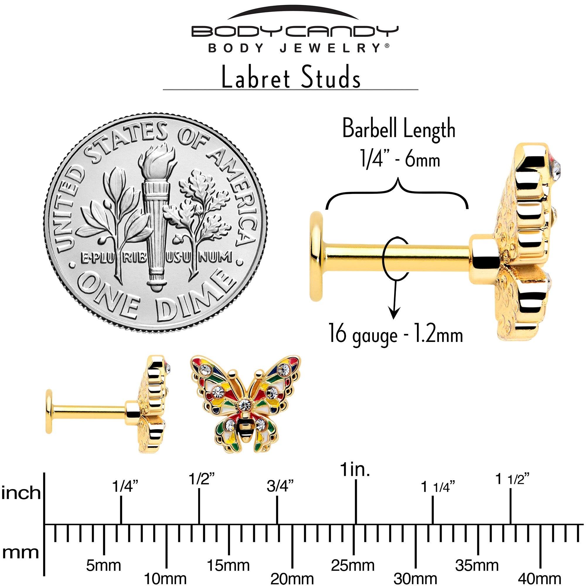 16G 1/4 Clear Gem Gold Tone Color Block Butterfly Labret