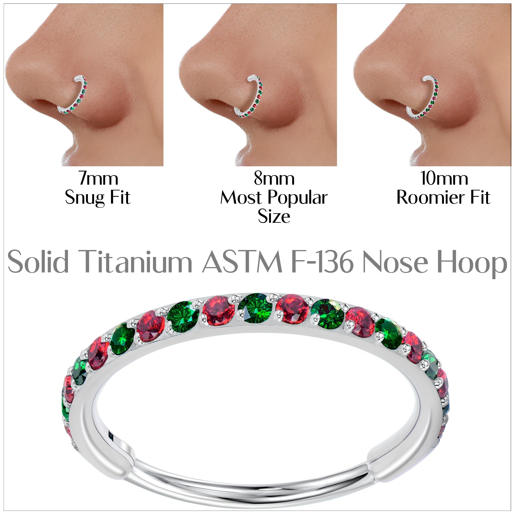 20G Micro Gem Titanium Hinged Nose Hoop - Christmas Nose Ring